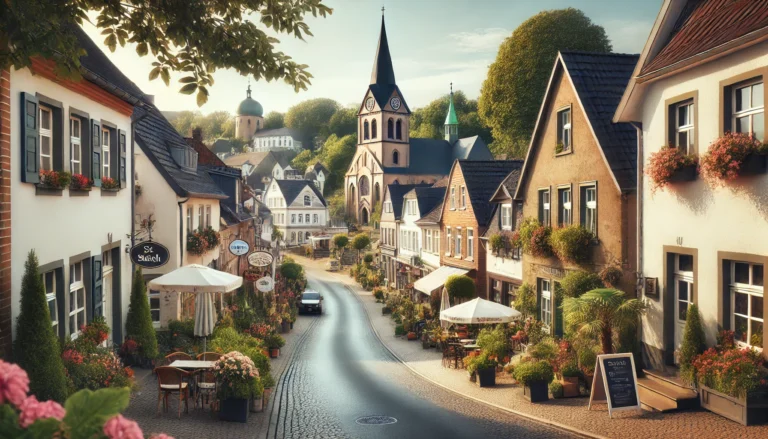 spich A wide picturesque view of Spich, a district in Troisdorf, Germany. The image features the St.-Mariä-Himmelfahrt-Kirche, a local church with historica