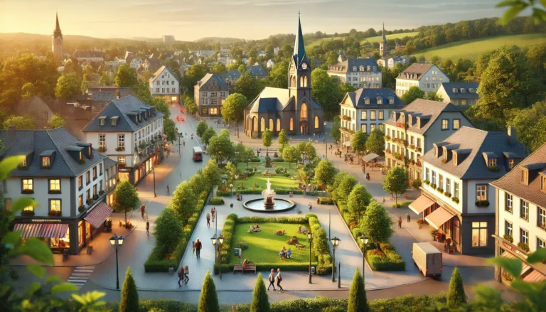 Sehenswürdigkeiten in Troisdorf A realistic and inviting image of the top sights in Troisdorf, Germany, with an emphasis on historical architecture, green parks, and iconic local lan