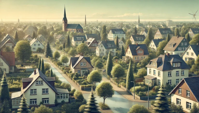 Troisdorf Bergheim A scenic view of the Troisdorf-Bergheim district, a small town in Germany. The image should feature a peaceful residential area with charming traditio