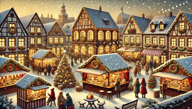 Weihnachtsmärkte in Troisdorf A festive and detailed image of a Christmas market in Troisdorf, Germany, set in a cozy, wintry town square. Include traditional wooden stalls adorned