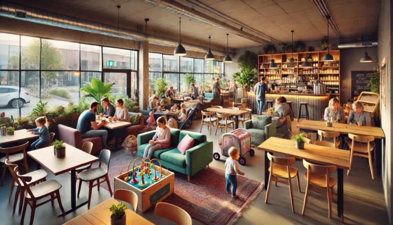 Familienfreundliche Cafés in Troisdorf A cozy family-friendly café in Troisdorf, Germany, set in a welcoming atmosphere with comfortable seating, a play area for children, and soft, warm li