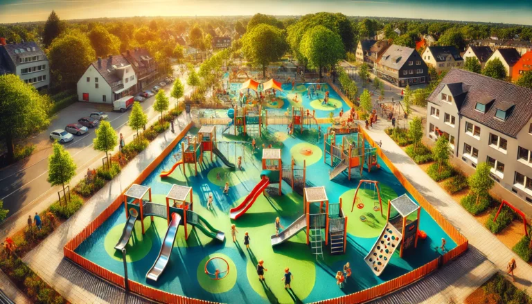 Spielplätze in Troisdorf A vibrant image of a playground in Troisdorf, Germany, showcasing a modern play area with colorful slides, swings, climbing frames, and play structure