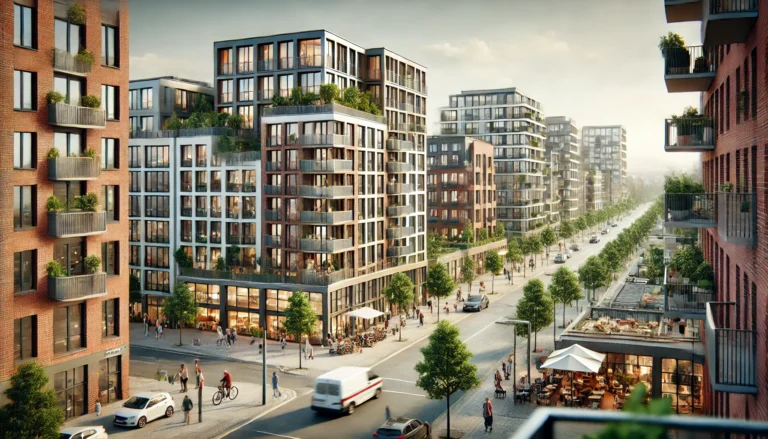 Wohnung in Troisdorf A realistic image capturing the essence of urban living in Troisdorf, Germany. The scene should be in a 16_9 format, showing a vibrant city neighborho