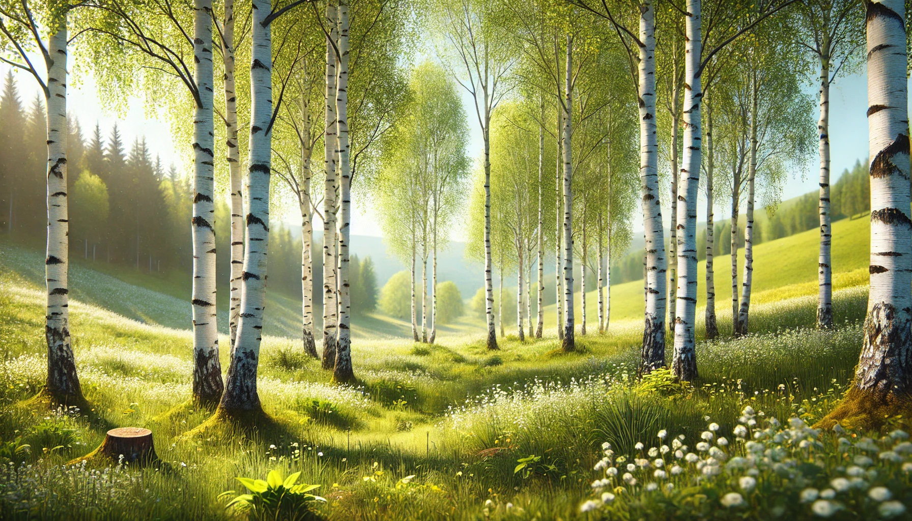 Maibaum Troisdorf 1 - A highly realistic spring landscape in 16_9 format showing a small grove of birch trees. The birches have white bark and fresh green leaves, standing Maibaum Troisdorf