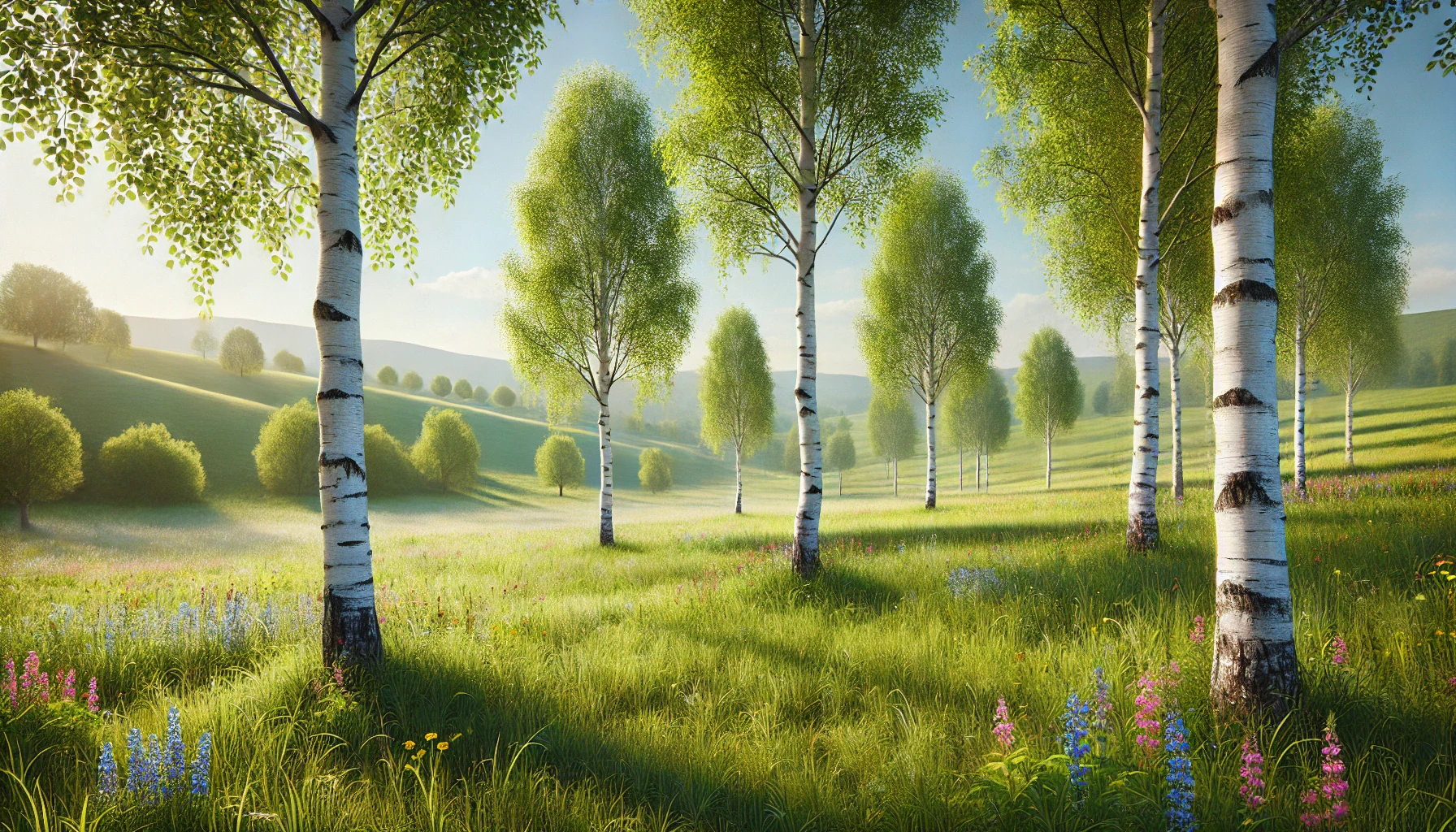 Maibaum Troisdorf 2- A highly realistic 16_9 spring landscape featuring a peaceful meadow with multiple birch trees. The trees have white bark and lush green leaves, space Maibaum Troisdorf