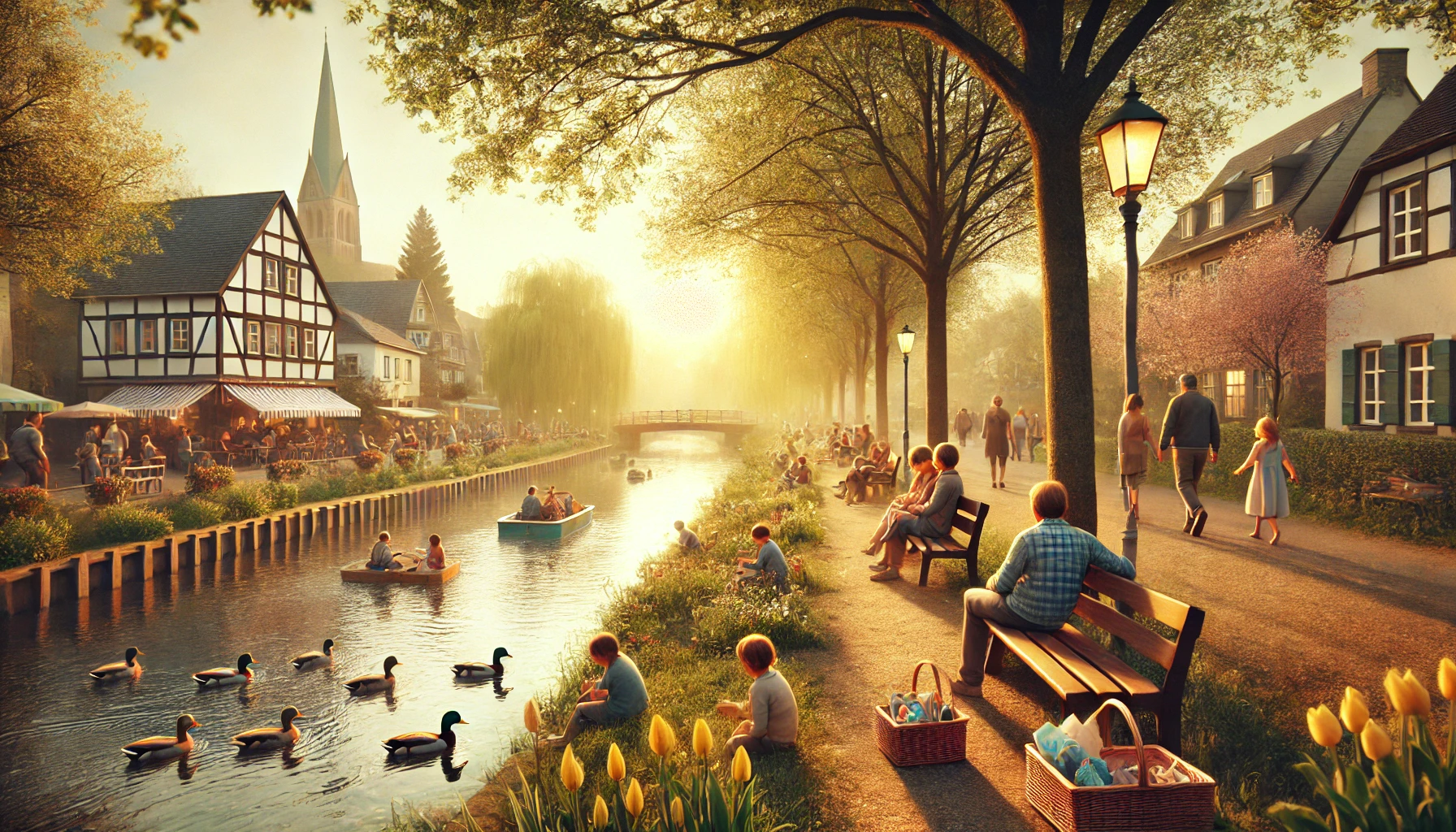 Ostern Troisdorf 2025 1- A realistic 16_9 banner image in the same visual style as the previous one_ peaceful springtime in Troisdorf, Germany during Easter weekend. This time Ostern Troisdorf 2025