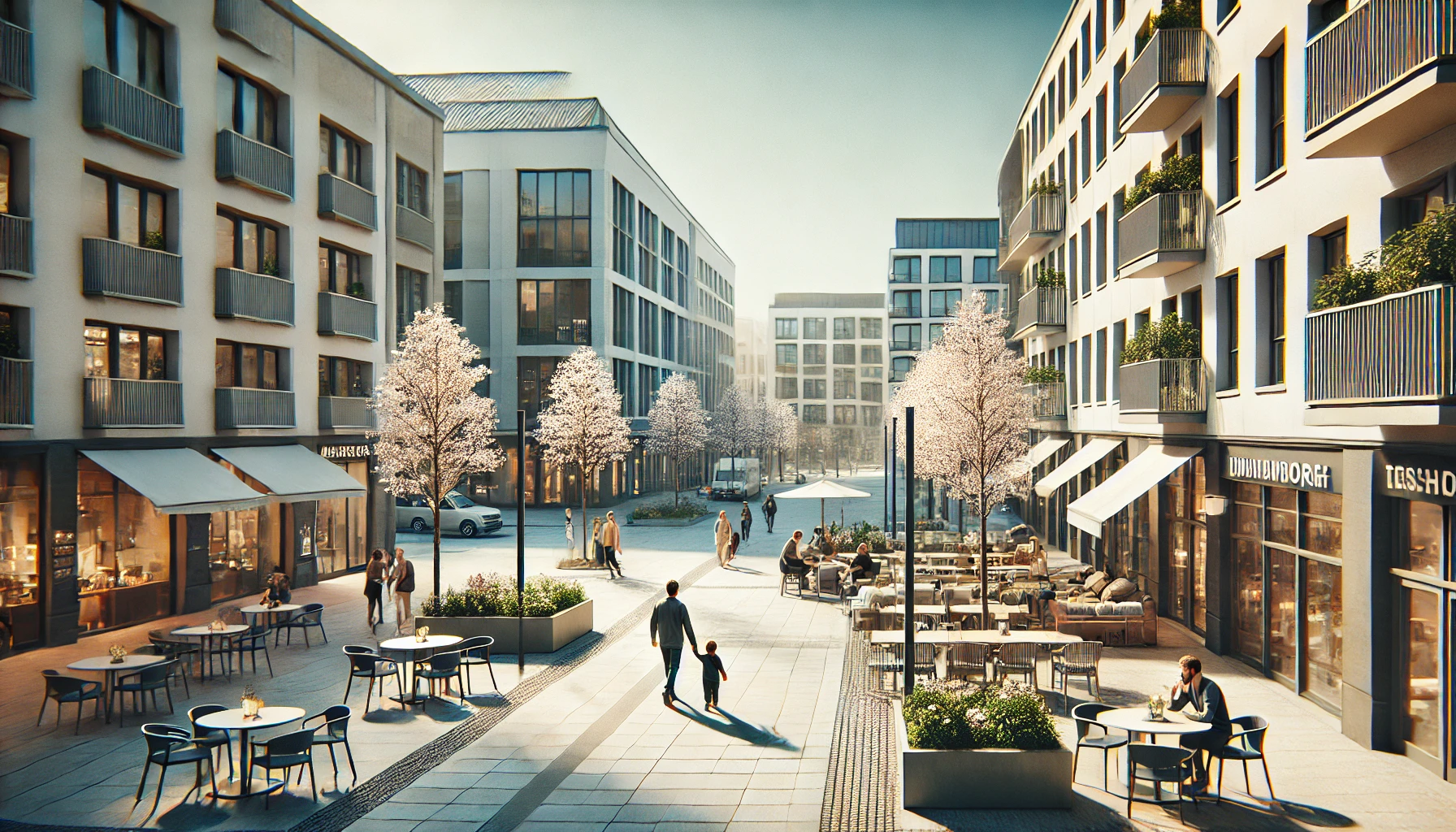 Ostern in Troisdorf 2025 2 - A hyper-realistic 16_9 banner image of a modern small German town like Troisdorf during early spring. The scene features clean, contemporary pedestria Ostern in Troisdorf 2025